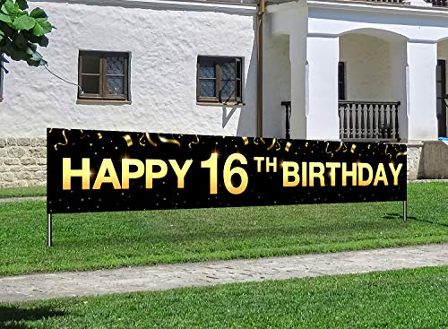 Greatingreat Large Cheers to 16 Years Banner, Black Gold 16 Anniversary Party Sign, 16th Happy Birthday Banner(9.8feet X 1.6feet)