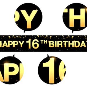 Greatingreat Large Cheers to 16 Years Banner, Black Gold 16 Anniversary Party Sign, 16th Happy Birthday Banner(9.8feet X 1.6feet)