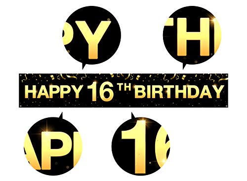 Greatingreat Large Cheers to 16 Years Banner, Black Gold 16 Anniversary Party Sign, 16th Happy Birthday Banner(9.8feet X 1.6feet)