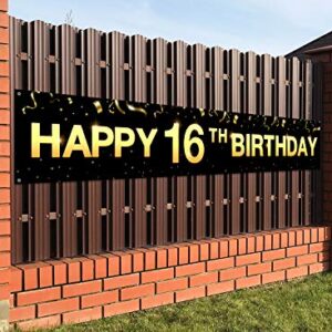 Greatingreat Large Cheers to 16 Years Banner, Black Gold 16 Anniversary Party Sign, 16th Happy Birthday Banner(9.8feet X 1.6feet)