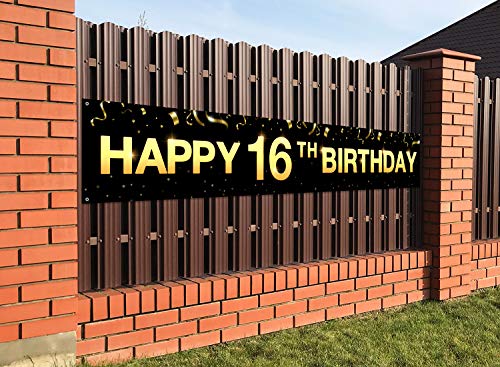 Greatingreat Large Cheers to 16 Years Banner, Black Gold 16 Anniversary Party Sign, 16th Happy Birthday Banner(9.8feet X 1.6feet)