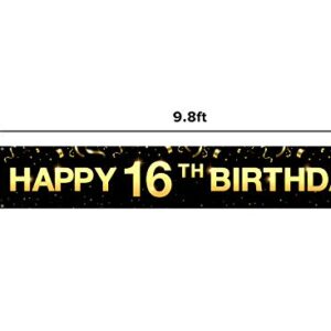 Greatingreat Large Cheers to 16 Years Banner, Black Gold 16 Anniversary Party Sign, 16th Happy Birthday Banner(9.8feet X 1.6feet)