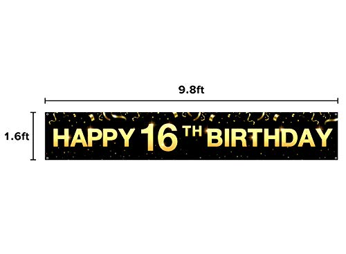 Greatingreat Large Cheers to 16 Years Banner, Black Gold 16 Anniversary Party Sign, 16th Happy Birthday Banner(9.8feet X 1.6feet)