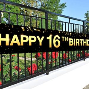 Greatingreat Large Cheers to 16 Years Banner, Black Gold 16 Anniversary Party Sign, 16th Happy Birthday Banner(9.8feet X 1.6feet)