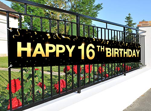 Greatingreat Large Cheers to 16 Years Banner, Black Gold 16 Anniversary Party Sign, 16th Happy Birthday Banner(9.8feet X 1.6feet)