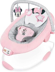 bright starts minnie mouse rosy skies baby bouncer with vibrating infant seat, music & 3 playtime toys, 23x19x23 inch (pink)