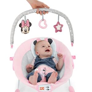 Bright Starts Minnie Mouse Rosy Skies Baby Bouncer with Vibrating Infant Seat, Music & 3 Playtime Toys, 23x19x23 Inch (Pink)