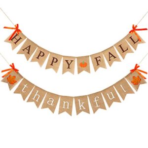 2 pieces thankful banner happy fall banner burlap thanksgiving fall rustic garland banner set for fall harvest thanksgiving decorations (color set 1)