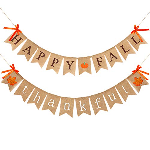 2 Pieces Thankful Banner Happy Fall Banner Burlap Thanksgiving Fall Rustic Garland Banner Set for Fall Harvest Thanksgiving Decorations (Color Set 1)