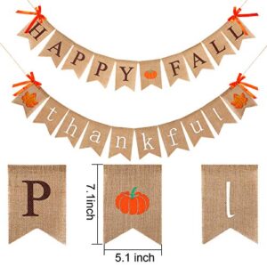 2 Pieces Thankful Banner Happy Fall Banner Burlap Thanksgiving Fall Rustic Garland Banner Set for Fall Harvest Thanksgiving Decorations (Color Set 1)
