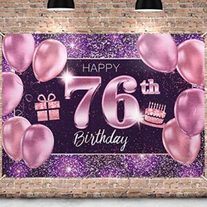 pakboom happy 76th birthday banner backdrop – 76 birthday party decorations supplies for women – pink purple gold 4 x 6ft