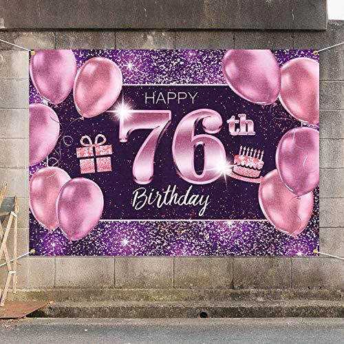 PAKBOOM Happy 76th Birthday Banner Backdrop - 76 Birthday Party Decorations Supplies for Women - Pink Purple Gold 4 x 6ft