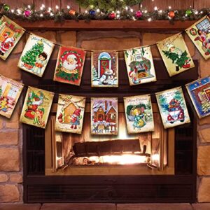 20 pcs vintage christmas garland hanging vintage xmas banner decor, victorian vintage christmas bunting with rope traditional christmas card for indoor fireplace mantle decorations(santa claus style)