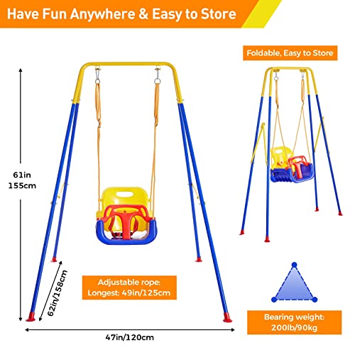 FUNLIO 2 in 1 Swing Set for Toddler & Baby Jumper, Heavy Duty Kids Swing & Bouncer with 4 Sandbags, Foldable Metal Stand for Indoor/Outdoor Play, Easy to Assemble and Store