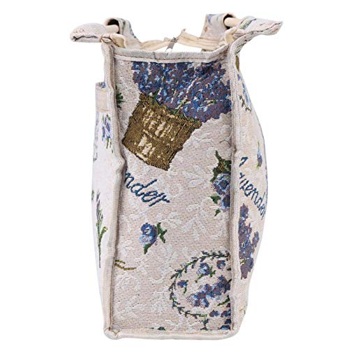 Knitting Bag, Wood Handle Woven Fabric Storage Bag Travel Yarn Storage Tote Organizer Crochet Bag for Knitting Needles Sewing Tools(Blue Flower)