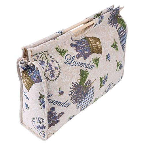 Knitting Bag, Wood Handle Woven Fabric Storage Bag Travel Yarn Storage Tote Organizer Crochet Bag for Knitting Needles Sewing Tools(Blue Flower)