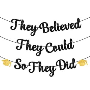 glitter, they believed they could so they did banner – large 10 feet, no diy | black and gold graduation decorations 2023 | graduation banner for graduation party decorations 2023 | graduation garland
