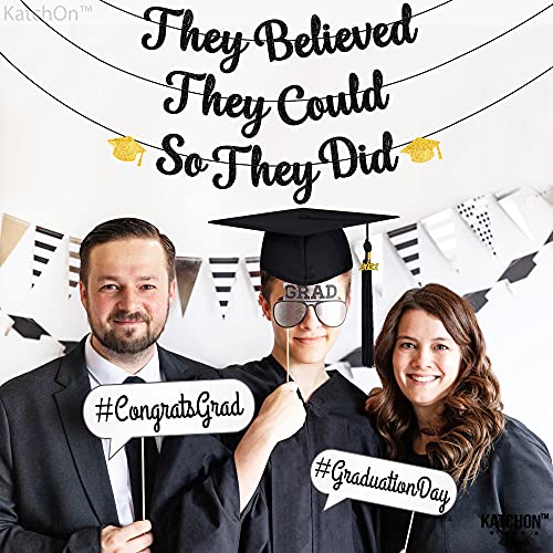 Glitter, They Believed They Could So They Did Banner - Large 10 Feet, No DIY | Black and Gold Graduation Decorations 2023 | Graduation Banner for Graduation Party Decorations 2023 | Graduation Garland