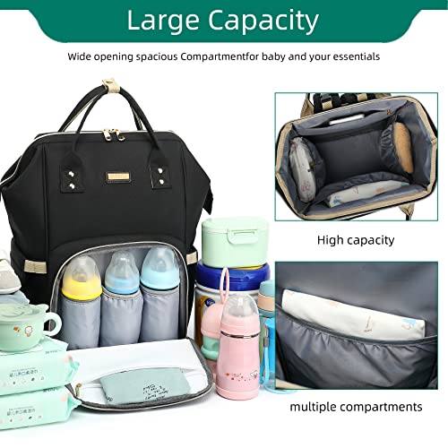 Diaper Bag Backpack, Diaper Bags for Baby Girls Boys, Baby Bags for Moms Dads, Baby Nappy Changing Bag with Insulated Pockets,Multi-functional Waterproof Backpack with Stroller straps-Black