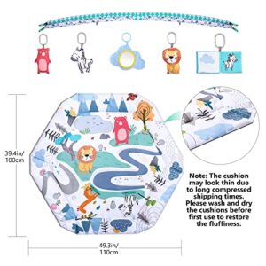 Bellababy Tummy Time Mat, 4-in-1 Baby Gym Activity Play Mat & Ball Pit, with High Contrast Toys & Self-Discovery Mirror & Tummy Time Pillow for Sensory and Motor Skill Development (Blue)