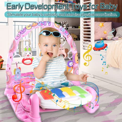 Baby Play Gym Mats, Baby Activity Mat for Sensory and Motor Skill Development, Baby Funny Play Piano Gym with Music and Lights Activity Gym Play Mat Center for Newborn 0-12 Months