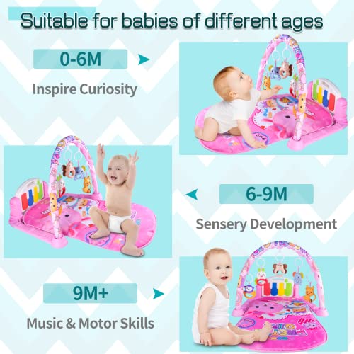 Baby Play Gym Mats, Baby Activity Mat for Sensory and Motor Skill Development, Baby Funny Play Piano Gym with Music and Lights Activity Gym Play Mat Center for Newborn 0-12 Months