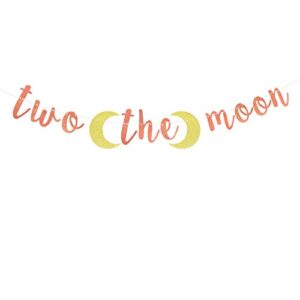 rose gold glitter two the moon banner – cheers to 2 years bunting sign- sweet baby girl/sweet baby boy/baby shower/happy 2nd birthday party decorations supplies for child (pre-strung)