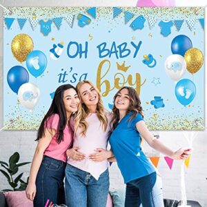 Oh Baby It's A Boy Baby Shower Party Decorations Large Size Blue Baby Shower Birthday Banner Backdrop Photo Booth Background for Boy's Baby Shower Party Supplies (Blue Boy)
