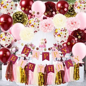 qian’s party burgundy pink birthday party decorations burgundy pink gold fall birthday decorations tissue paper pom pom happy birthday banner/burgundy fall birthday decorations