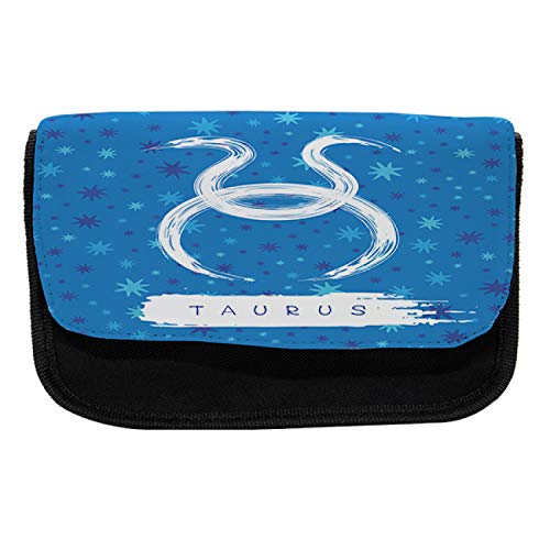 Lunarable Taurus Pencil Case, Astrological Horoscope Sign, Fabric Pen Pencil Bag with Double Zipper, 8.5" x 5.5", Violet Blue White