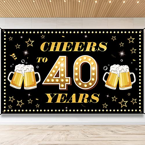 Happy 40th Birthday Decorations for Men Women, Cheers to 40 Years Banner Backdrop, 40th Anniversary, 40 year Reunion Decor, Black Gold Forty Birthday Party Sign Poster Supplies PHXEY (6.1ft x 3.6ft）