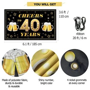 Happy 40th Birthday Decorations for Men Women, Cheers to 40 Years Banner Backdrop, 40th Anniversary, 40 year Reunion Decor, Black Gold Forty Birthday Party Sign Poster Supplies PHXEY (6.1ft x 3.6ft）