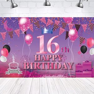 happy 16th birthday backdrop banner pink purple 16th sign poster 16 birthday party supplies for anniversary photo booth photography background birthday party decorations, 72.8 x 43.3 inch