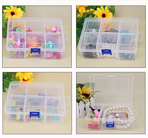 6 Compartments Jewelry Earring Necklace Bead Storage Box Clear Plastic Adjustable Container Case (Blue)