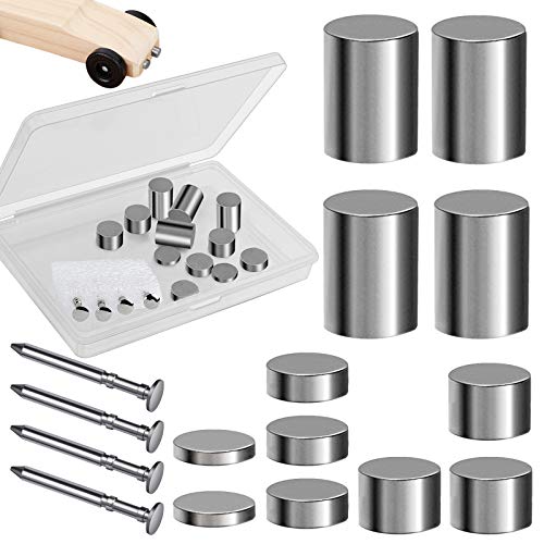 Ruisita 3.25 Ounces Tungsten Cylinders Weights 4 Sizes and Polished Speed Axles Kit 12 Pieces Tungsten Weights 4 Pieces Polished Axles with Plastic Box