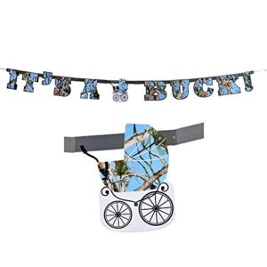 havercamp baby boy camo gender reveal banner. – it’s a buck banner! – 7 1/2 feet long, 7 inch letters in light blue camo. baby boy gender reveal party collection