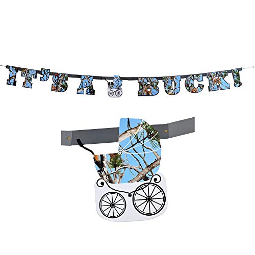 Havercamp Baby Boy Camo Gender Reveal Banner. - It's A Buck Banner! - 7 1/2 Feet Long, 7 Inch Letters in Light Blue Camo. Baby Boy Gender Reveal Party Collection