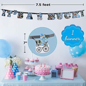 Havercamp Baby Boy Camo Gender Reveal Banner. - It's A Buck Banner! - 7 1/2 Feet Long, 7 Inch Letters in Light Blue Camo. Baby Boy Gender Reveal Party Collection