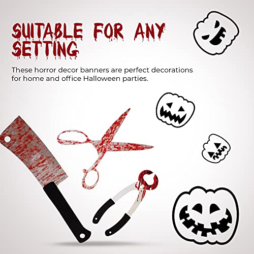 Boxgear 4-Pack Bloody Garland Banner - Fake Knives with Fake Blood Banner Halloween Decorations Outdoor - Includes Butcher Knife, Saw, Scissors, Weapons - Scary Halloween Party Decorations Supplies