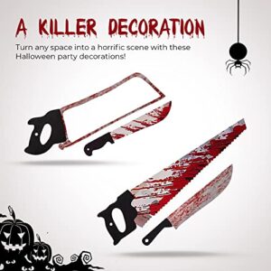 Boxgear 4-Pack Bloody Garland Banner - Fake Knives with Fake Blood Banner Halloween Decorations Outdoor - Includes Butcher Knife, Saw, Scissors, Weapons - Scary Halloween Party Decorations Supplies