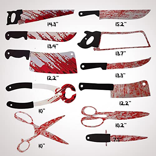 Boxgear 4-Pack Bloody Garland Banner - Fake Knives with Fake Blood Banner Halloween Decorations Outdoor - Includes Butcher Knife, Saw, Scissors, Weapons - Scary Halloween Party Decorations Supplies
