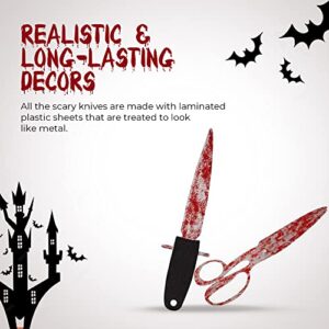 Boxgear 4-Pack Bloody Garland Banner - Fake Knives with Fake Blood Banner Halloween Decorations Outdoor - Includes Butcher Knife, Saw, Scissors, Weapons - Scary Halloween Party Decorations Supplies