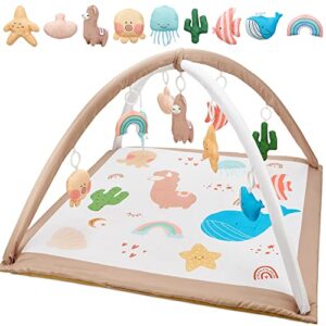 baby gym play mat with 9 toys, pgup washable baby play gym marine animals infant play mat for sensory and motor skill early development, non-slip baby activity gym for newborns toddlers as gift