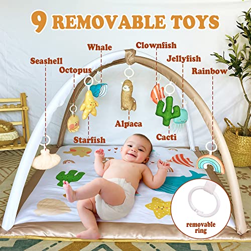 Baby Gym Play Mat with 9 Toys, PgUp Washable Baby Play Gym Marine Animals Infant Play Mat for Sensory and Motor Skill Early Development, Non-Slip Baby Activity Gym for Newborns Toddlers as Gift