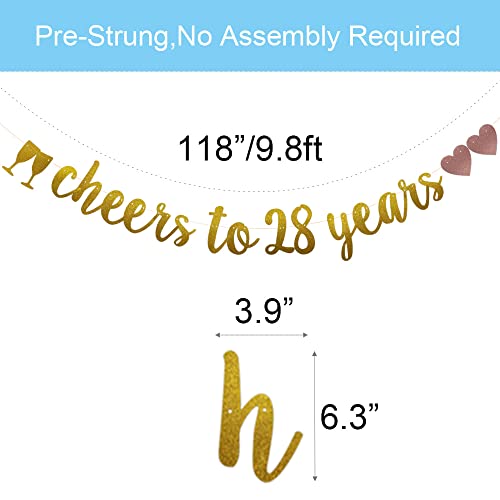 Cheers to 28 Years Banner, Pre-Strung, Gold Glitter Paper Garlands for 28th Birthday / Wedding Anniversary Party Decorations Supplies, No Assembly Required,(Gold)SUNbetterland