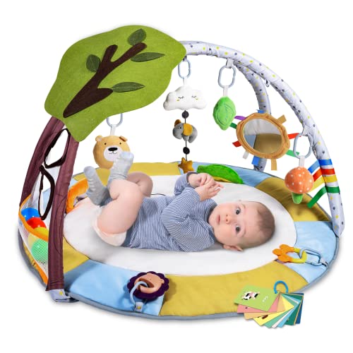 Lupantte Baby Gym Play Mat with 9 Toys for Sensory and Motor Skill Development Language Discovery, Thicker Non-Slip Baby Activity Gym with Ball Pit, Green Tree for Newborns, Babies to Toddlers as Gift