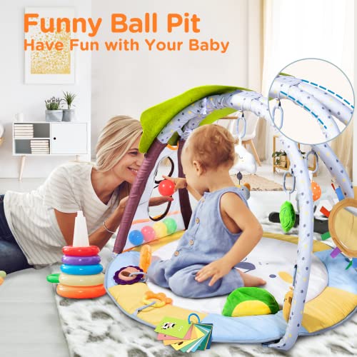 Lupantte Baby Gym Play Mat with 9 Toys for Sensory and Motor Skill Development Language Discovery, Thicker Non-Slip Baby Activity Gym with Ball Pit, Green Tree for Newborns, Babies to Toddlers as Gift