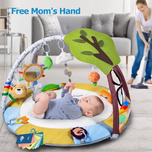 Lupantte Baby Gym Play Mat with 9 Toys for Sensory and Motor Skill Development Language Discovery, Thicker Non-Slip Baby Activity Gym with Ball Pit, Green Tree for Newborns, Babies to Toddlers as Gift