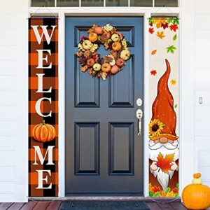 tatuo thanksgiving porch banners gnome welcome porch banners decorations fall hanging door sign autumn sunflower pumpkin door hanging banners for home outdoor party wall decor, 71 x 12 inch