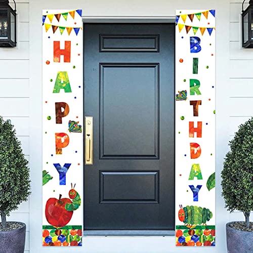 Cartoon Very Hungry Little Green Caterpillar Happy Birthday Banner Background Insects Theme Decor Door Porch Decorations for Girls Boys Baby Shower 1st Birthday Party Supplies Favors Backdrop Gift